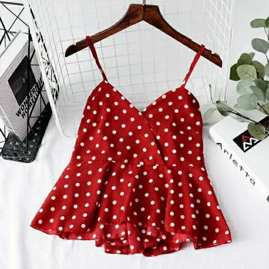 Women's Red Polka Dot Sleeveless Chiffon Blouse – V-Neck Short Pullover Top for Spring/Summer