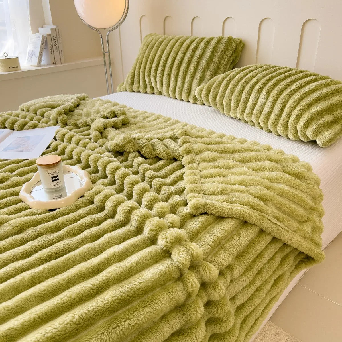 Solid Color Thickened Striped Blanket – Multifunctional Polyester Cover for Bed, Sofa, Naps, and Pets