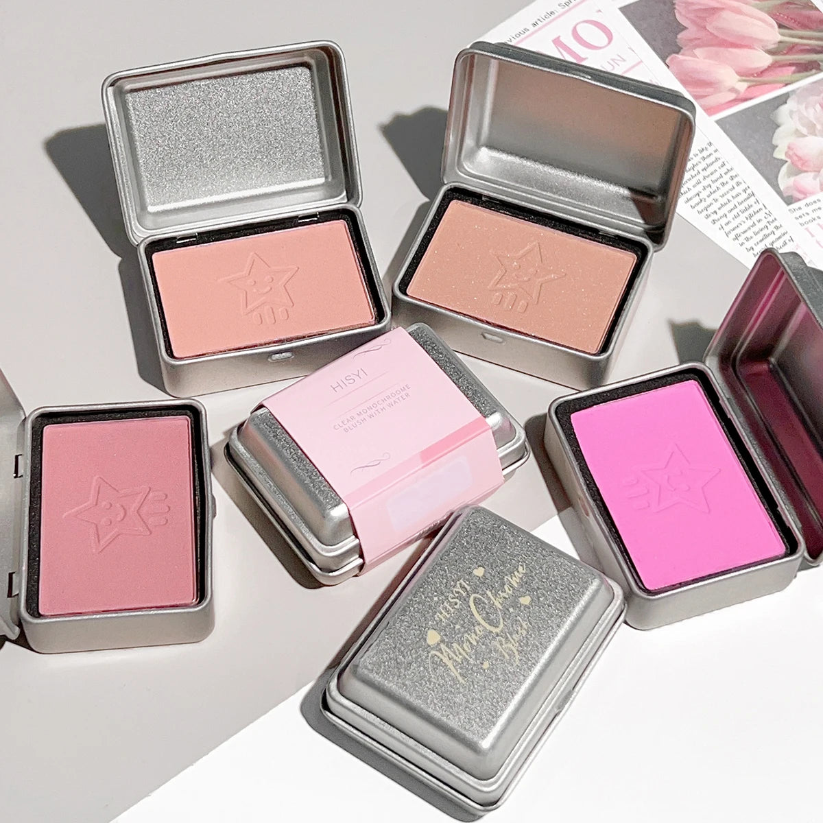 4-Color Monochrome Matte Blush in Iron Box – Peach Tone for Skin Brightening & Natural Contour /