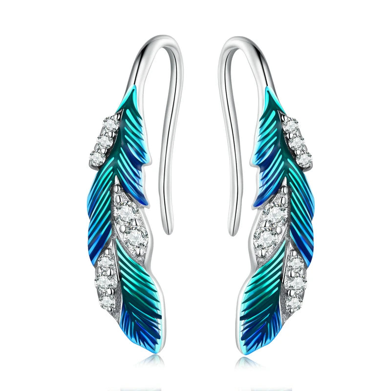 925 Sterling Silver Blue Feather Drop Earrings with CZ – Elegant Gift for Women