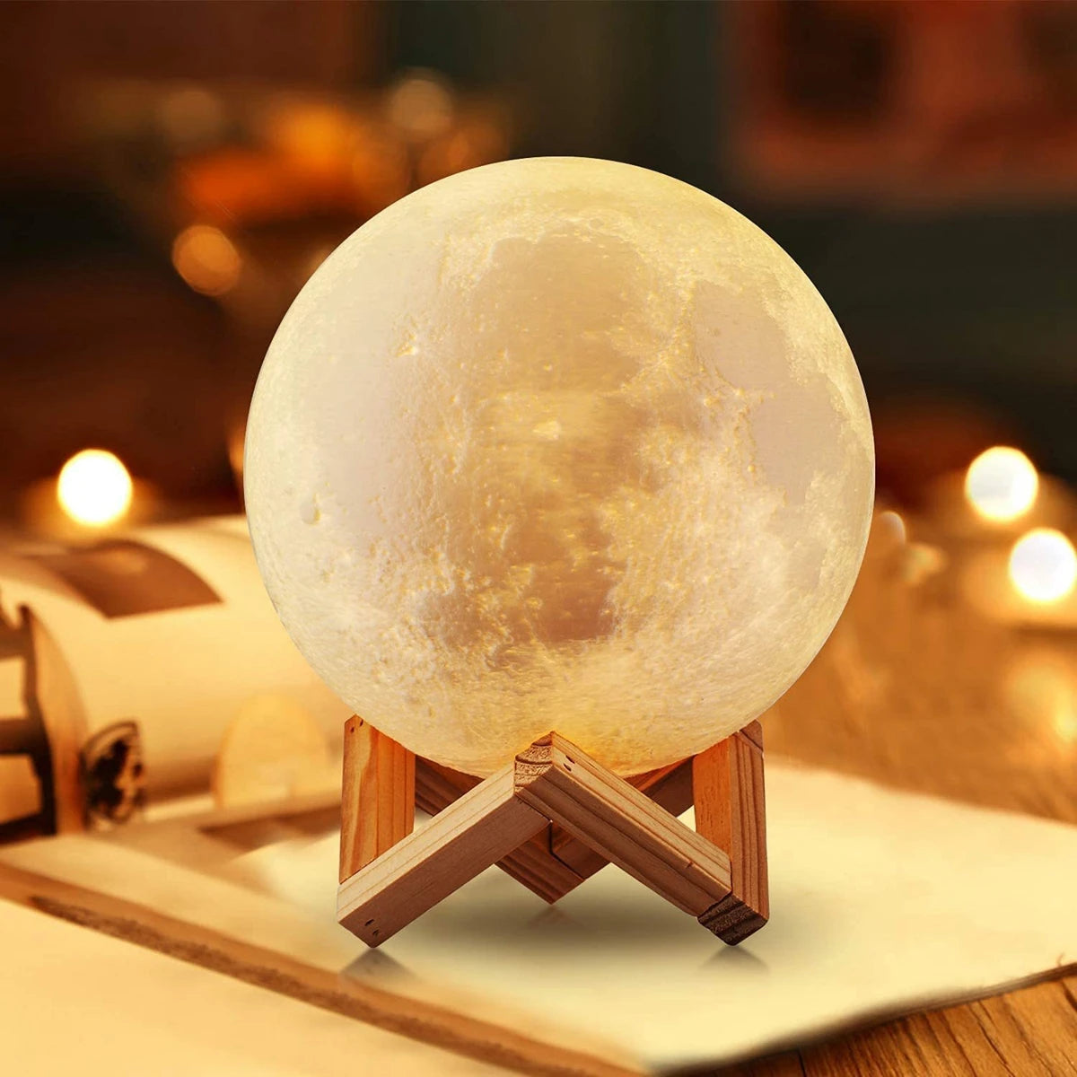 8cm Moon Lamp – LED Battery-Powered Night Light with Wooden Stand, Starry Ambient Globe for Bedroom Decor & Kids Gift