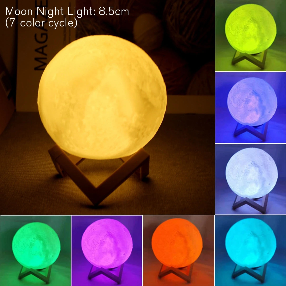 8cm Moon Lamp – LED Battery-Powered Night Light with Wooden Stand, Starry Ambient Globe for Bedroom Decor & Kids Gift