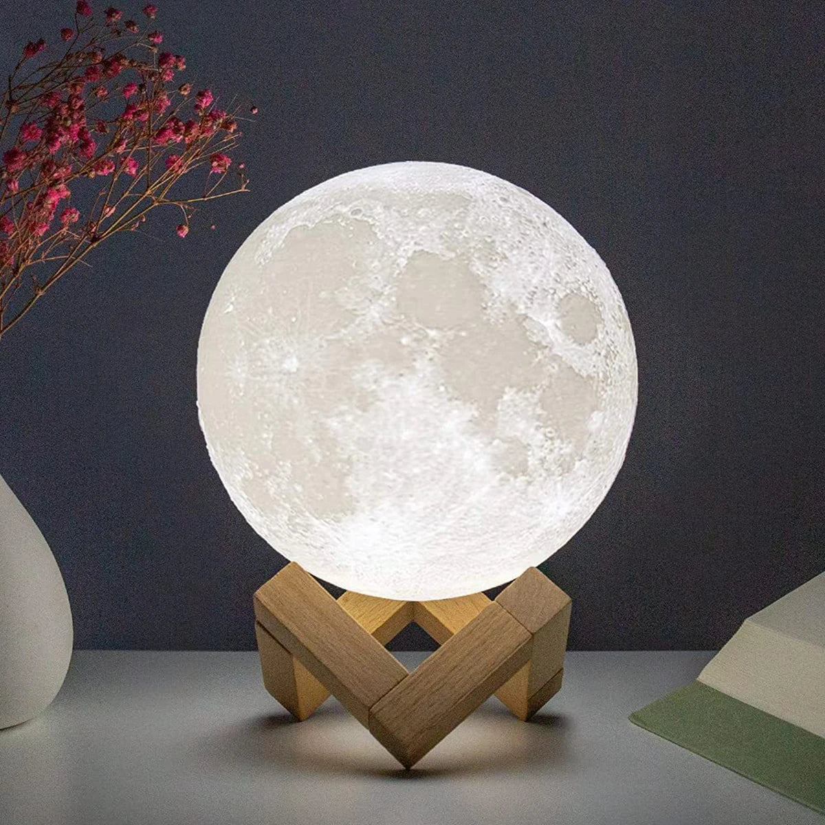 8cm Moon Lamp – LED Battery-Powered Night Light with Wooden Stand, Starry Ambient Globe for Bedroom Decor & Kids Gift