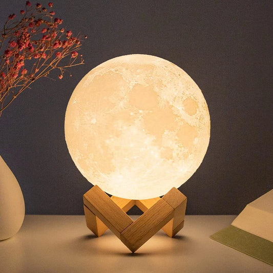 8cm Moon Lamp – LED Battery-Powered Night Light with Wooden Stand, Starry Ambient Globe for Bedroom Decor & Kids Gift