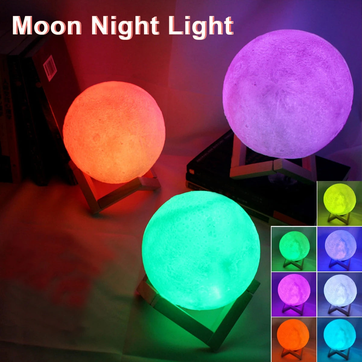 8cm Moon Lamp – LED Battery-Powered Night Light with Wooden Stand, Starry Ambient Globe for Bedroom Decor & Kids Gift