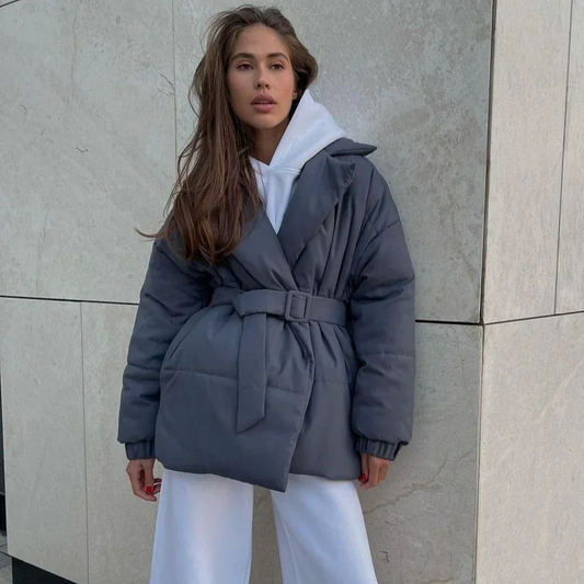 Women's Cotton Puffer Jacket – Belted Quilted Parka Coat for Winter, Warm Vintage-Inspired Outerwear