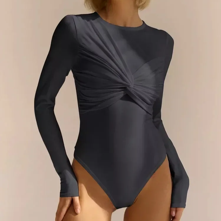 Women's Long Sleeve Knot Front Romper – Solid Color Lightweight Jumpsuit for Spring and Summer