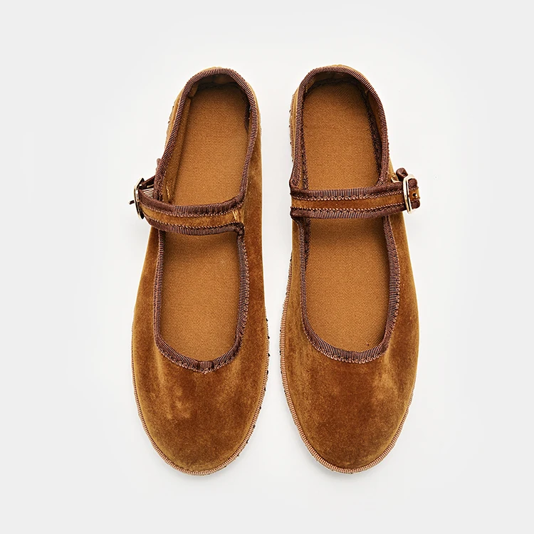 Velvet Canvas Mary Jane Flats – Hand-Stitched Casual Ballet Shoes for Women