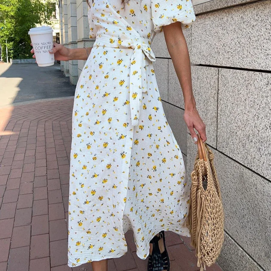 Women's Printed Cotton V-Neck Dress – Lace-Up Waist, Short Sleeve, Long Casual Summer Dress
