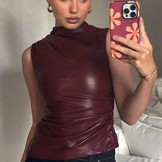 Women's Y2K Vintage PU Tank Top – Asymmetrical Slash Cut Sleeveless Crop Shirt for Summer Streetwear and Club Outfits
