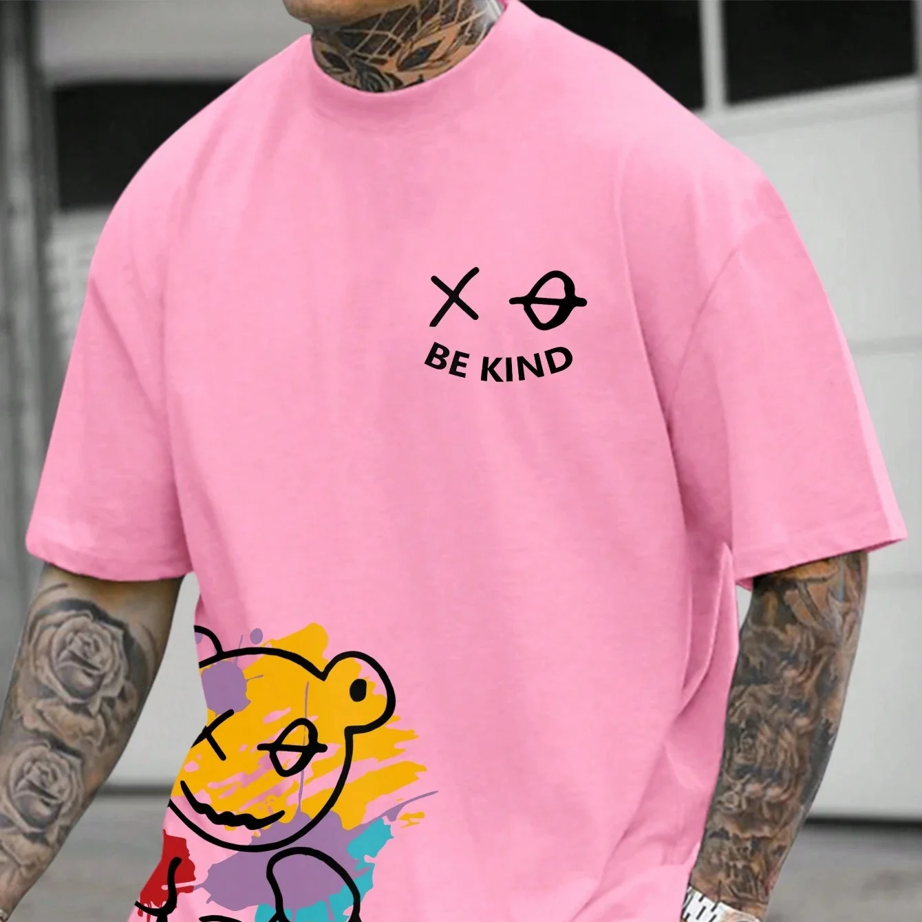 BE KIND Letter Cartoon Print Cotton T-Shirt – Men's Loose Fit Summer Short Sleeve Casual Tee
