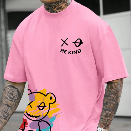 BE KIND Letter Cartoon Print Cotton T-Shirt – Men's Loose Fit Summer Short Sleeve Casual Tee