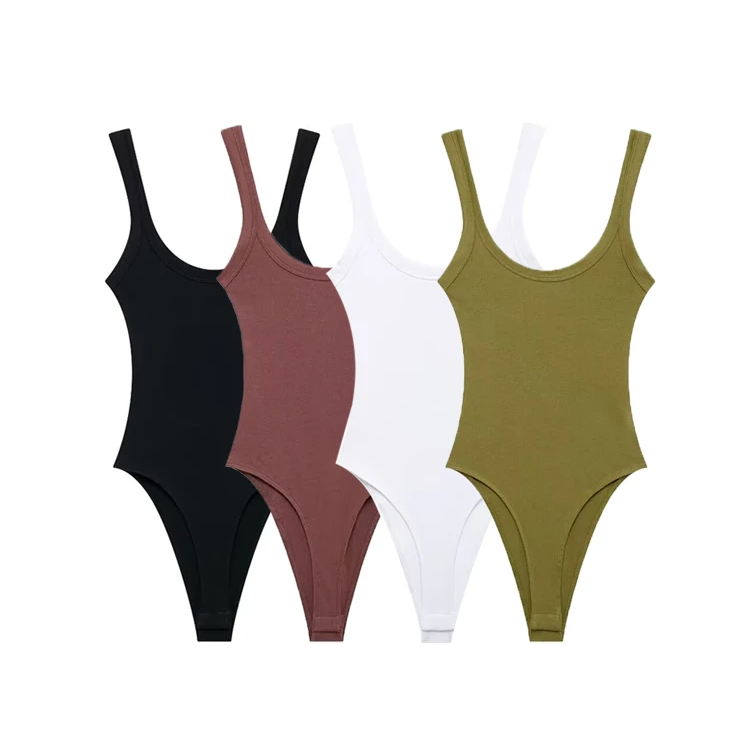 Skinny Ribbed Bodysuit for Women – O-Neck Strappy One-Piece with Snap Closure
