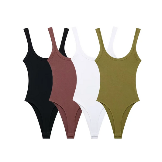 Skinny Ribbed Bodysuit for Women – O-Neck Strappy One-Piece with Snap Closure
