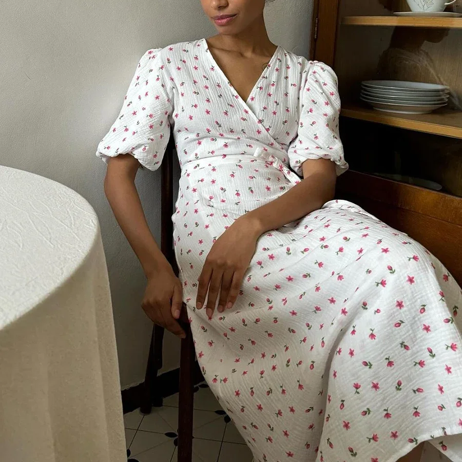 Women's Printed Cotton V-Neck Dress – Lace-Up Waist, Short Sleeve, Long Casual Summer Dress