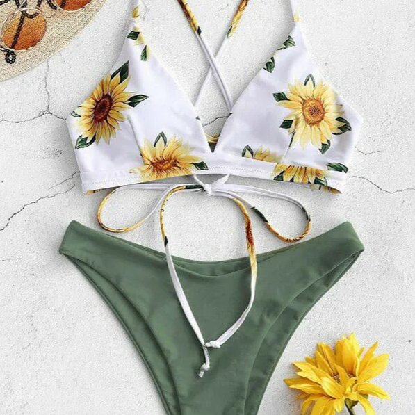 Sunflower Print Bikini Set – Sexy Push-Up Bandage Swimsuit for Women, Padded Low-Waist Biquini