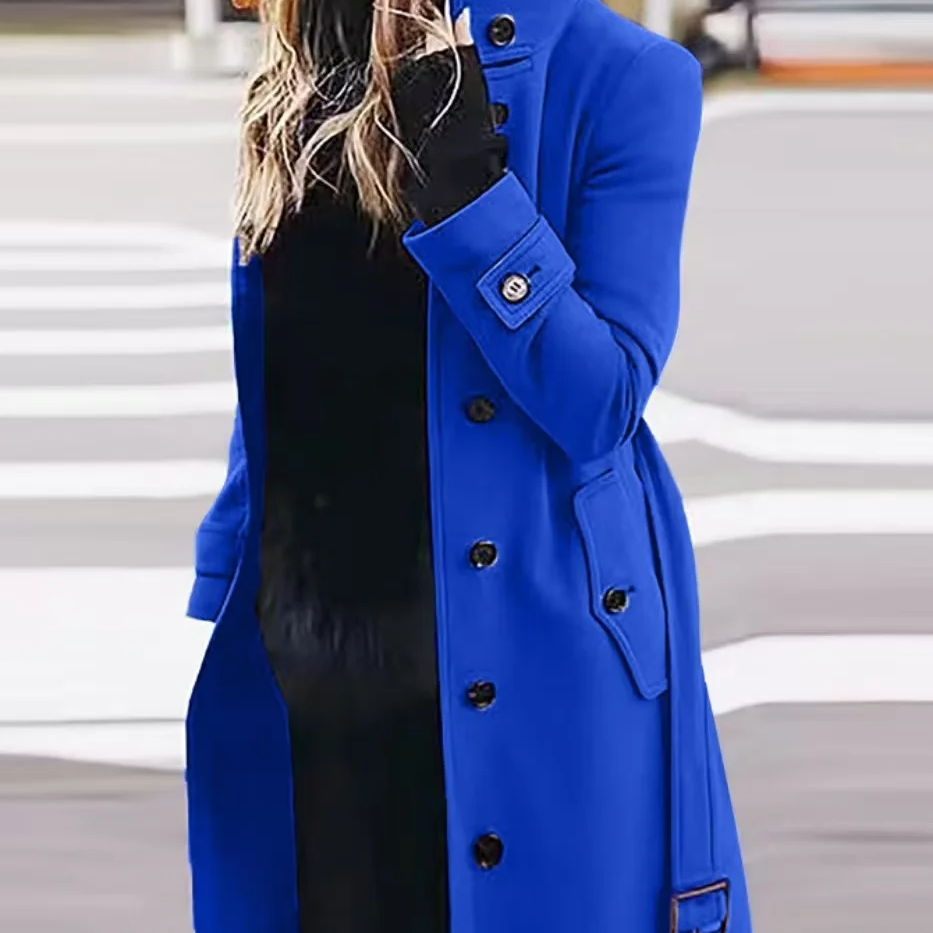 Women's Long Warm Coat – Turn-down Collar Thick Autumn Winter Jacket with Single Breasted Closure