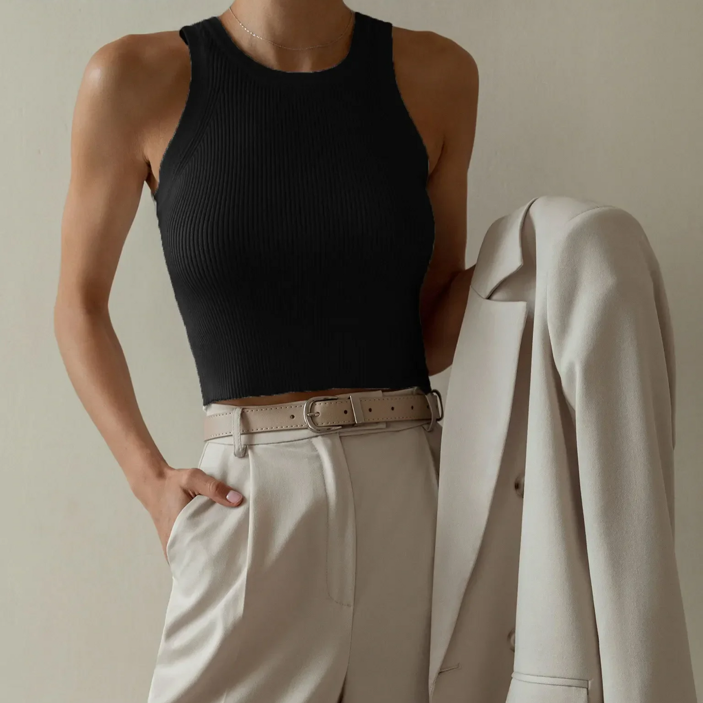 Slim Ribbed Knit Tank Top for Women – Sleeveless Cropped Vest with O-Neck, High Stretch Fit, Casual Summer Style