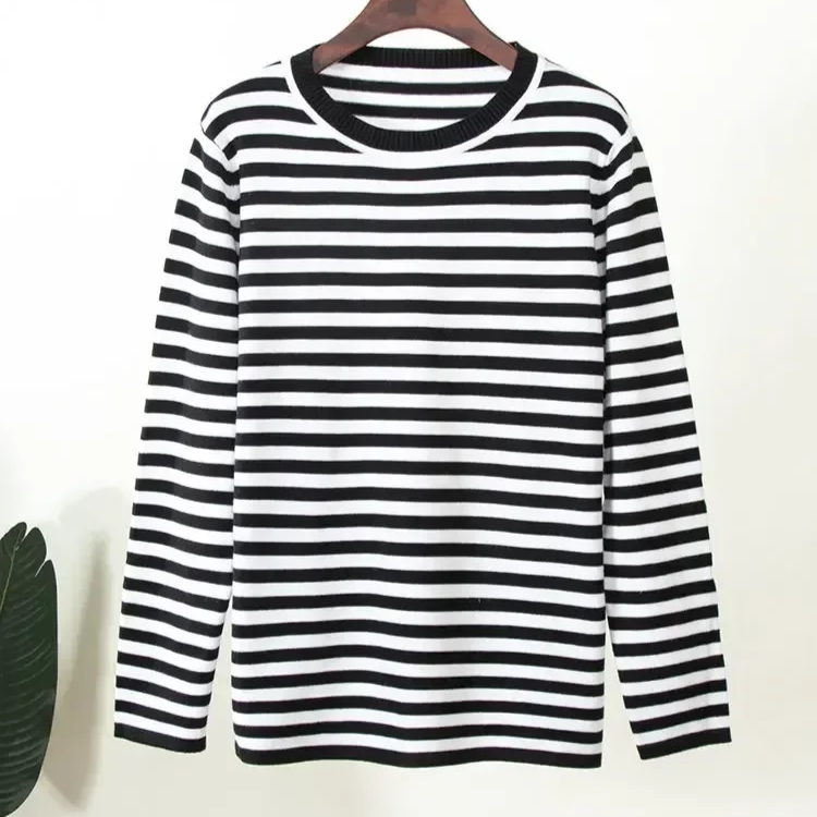 Women's Knitted Striped Sweater – Loose Fit Warm Thick Pullover with Long Sleeves for Autumn and Winter