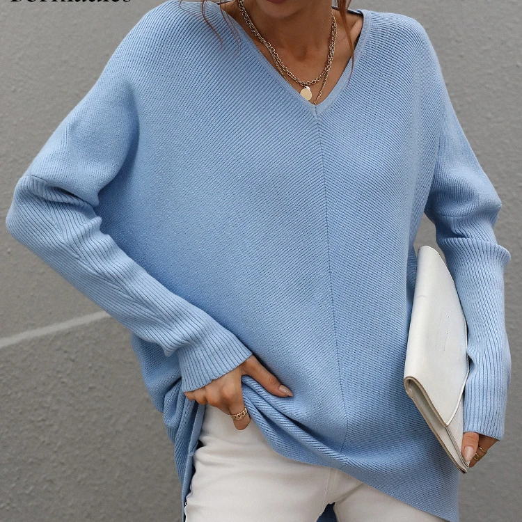Women's V-Neck Knit Pullover – Loose-Fit Solid Sweater for Autumn and Winter