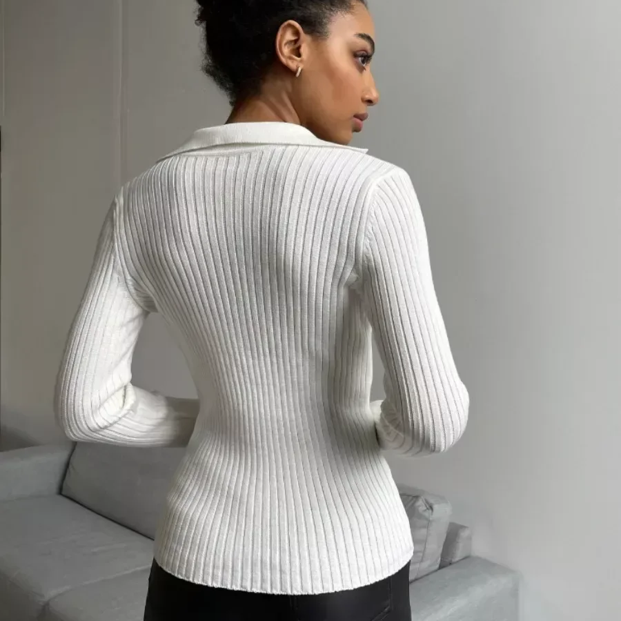 Slim Fit Polo Collar Knit Sweater for Women – Soft Ribbed Pullover Long Sleeve Autumn Winter Top