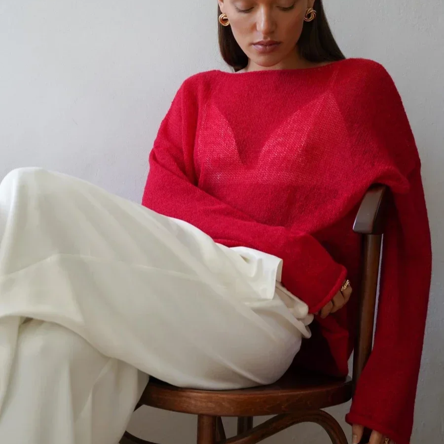 Women's Loose-Fit Lightweight Sweater – Casual Turtleneck Pullover for Spring and Summer