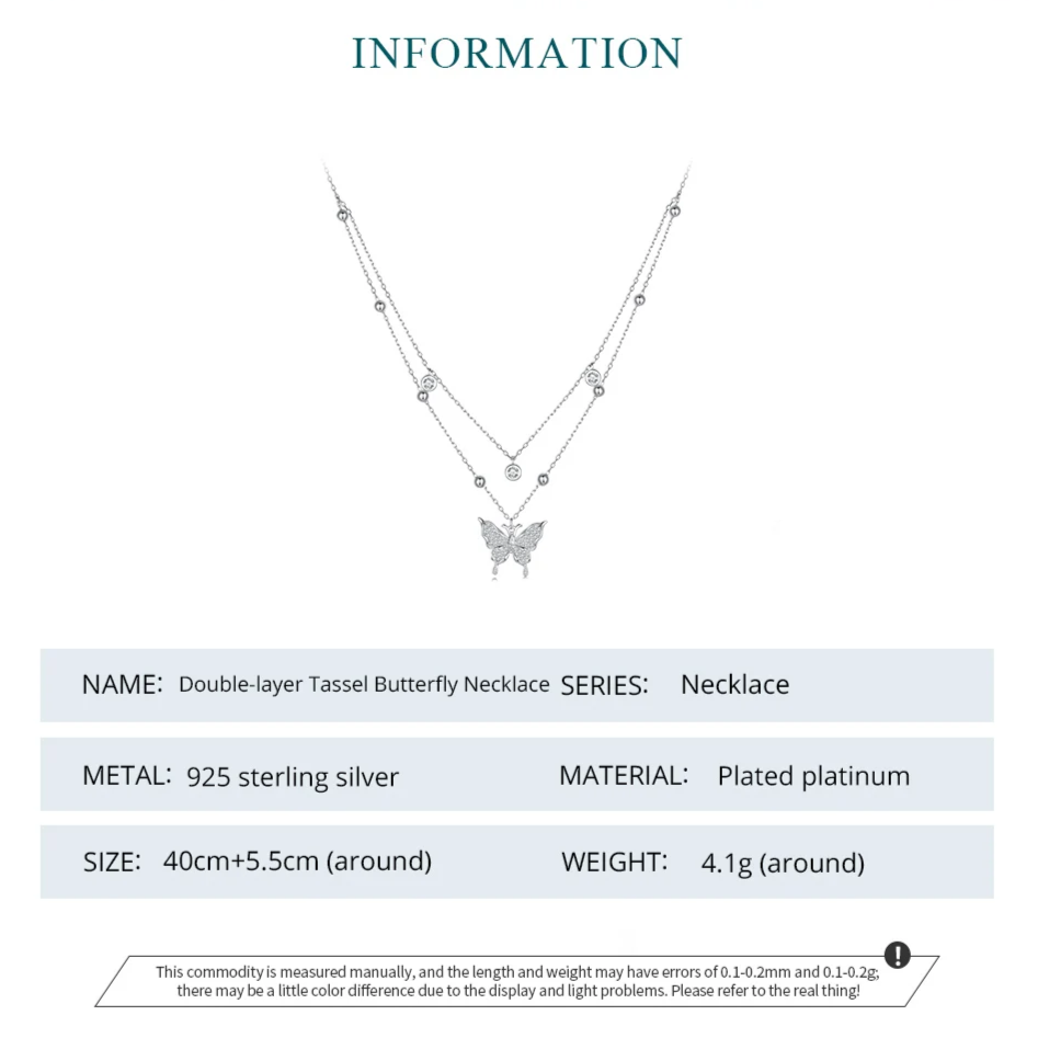 925 Sterling Silver Double-Layer Butterfly Tassel Pendant Necklace – Elegant Fine Jewelry for Women