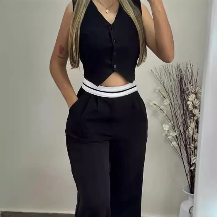 Women's Elegant Two-Piece Set – V-Neck Buttoned Sleeveless Vest & High-Waist Straight Pants with Pockets