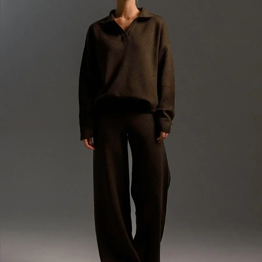 Women's Winter 2-Piece Knit Set – Polo Neck Sweater and Wide Leg Pants Lounge Outfit for Cold Weather