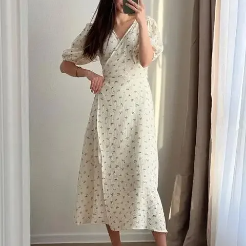 Women's Printed Cotton V-Neck Dress – Lace-Up Waist, Short Sleeve, Long Casual Summer Dress