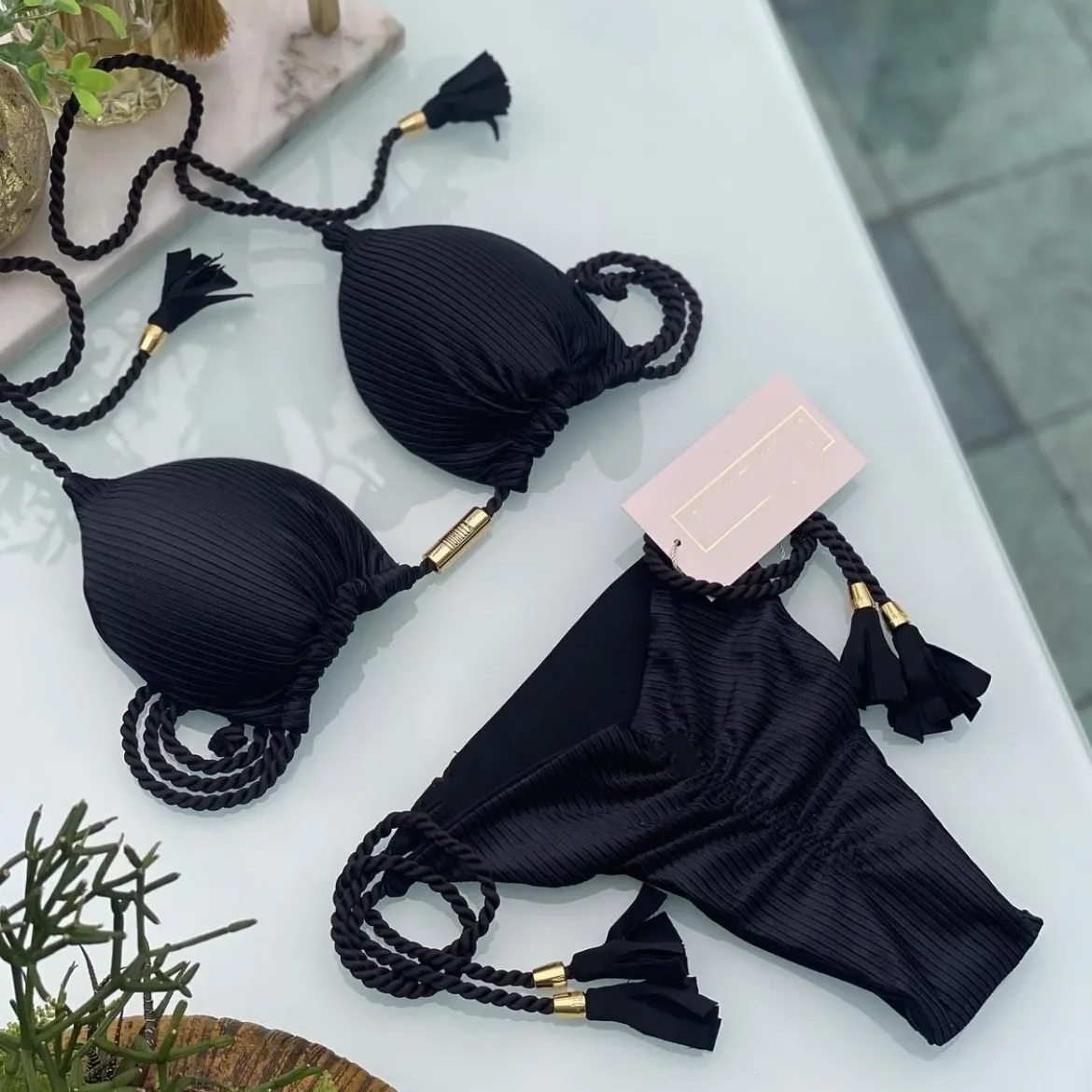 Women’s Solid Color Rope Bikini Set – Multicolor Two-Piece Swimsuit with Special Fabric, Wire-Free Beach Style Swimwear
