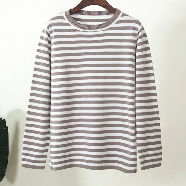 Women's Knitted Striped Sweater – Loose Fit Warm Thick Pullover with Long Sleeves for Autumn and Winter