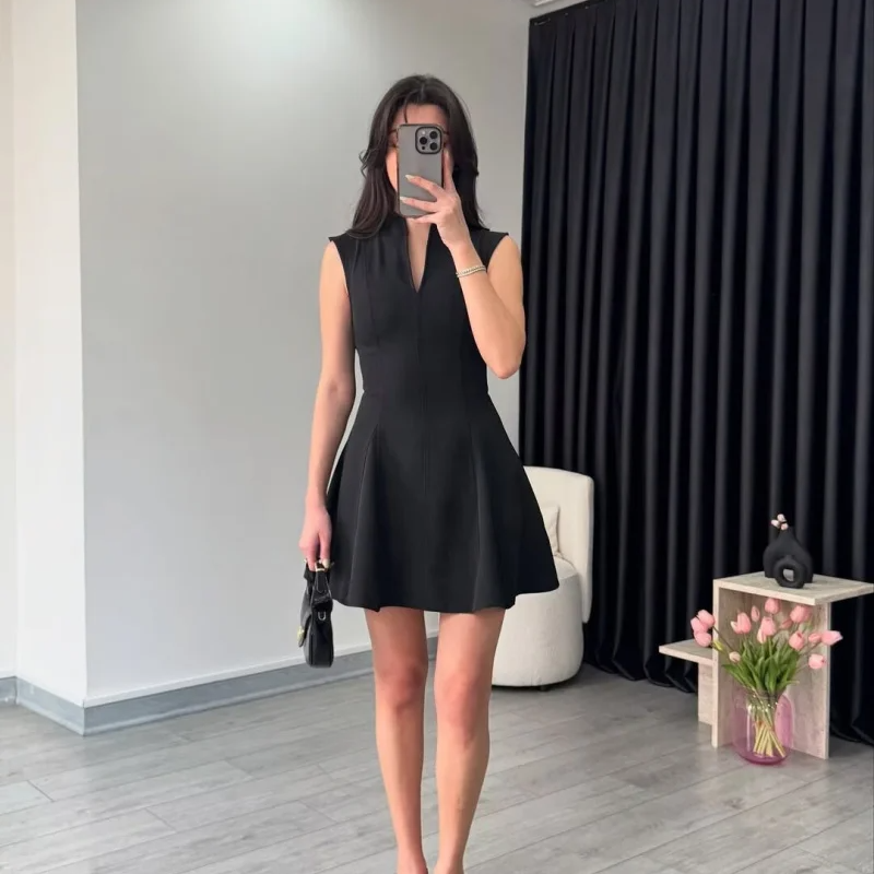 Women's Sleeveless V-Neck Mini Dress – Classic Black Crepe A-Line Party Dress