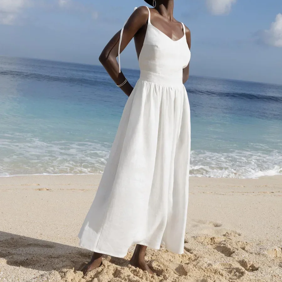 Women's V-Neck Cotton A-Line Beach Dress – Sleeveless Vintage Fit and Flare Sling Dress for Spring and Summer