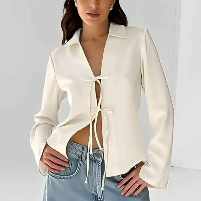 Solid Color Casual Chiffon Blouse – Long Sleeve Loose Fit Shirt with Bow Buttons for Women