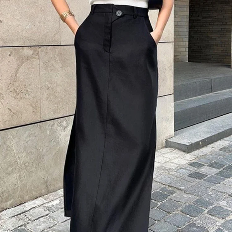 Women's Vintage High Waist Split Long Skirt – Casual Cotton Blend Buttoned Maxi for Spring and Summer