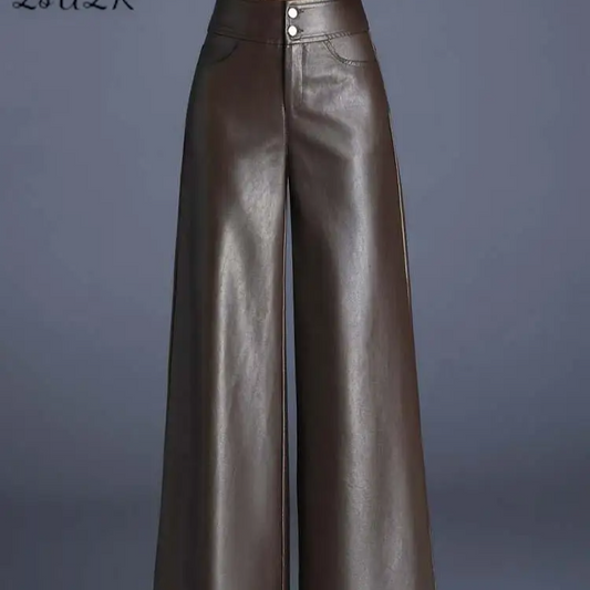 Women’s High Waist Wide Leg Faux Leather Pants – Elegant PU Leather Trousers for Autumn & Winter Casual Fashion