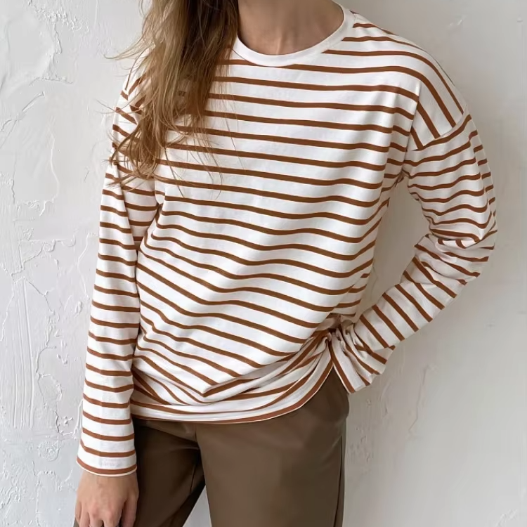 Women's Long Sleeve Striped T-Shirt – Casual Loose Cotton Tee Top for Spring Summer