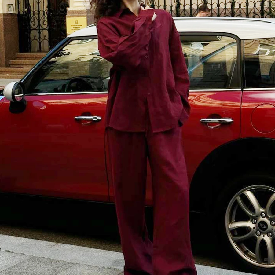 Solid Cotton Two-Piece Lounge Set for Women – Lapel Shirt and High Waist Wide Leg Pants
