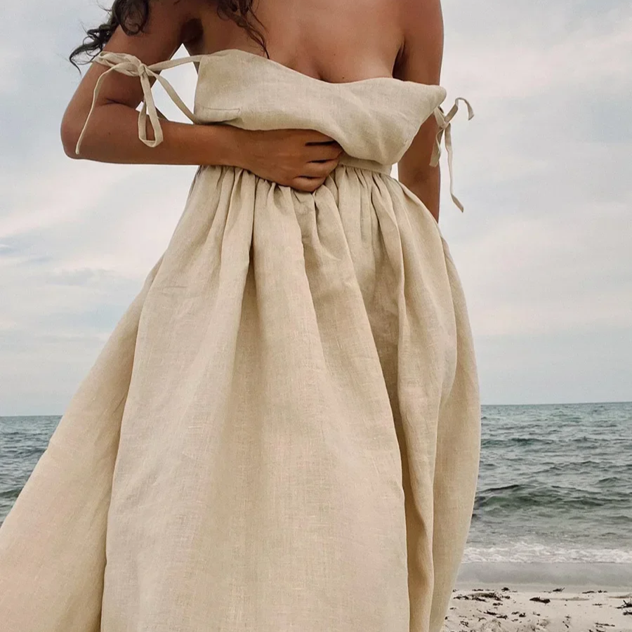 Women's V-Neck Cotton A-Line Beach Dress – Sleeveless Vintage Fit and Flare Sling Dress for Spring and Summer