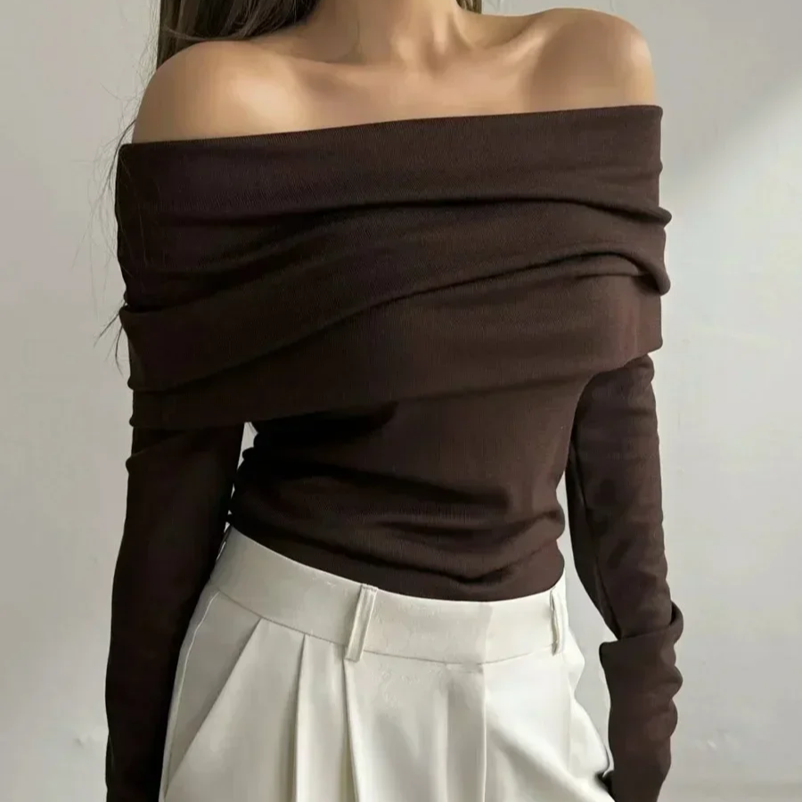 Women's One-Shoulder Knitted Sweater – Slimming Pullover with Long Sleeves, Solid Color High Street Style