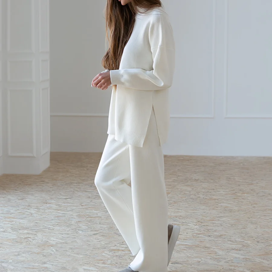 Women's Winter 2-Piece Knit Set – Soft Half Turtleneck Sweater and Wide Leg Pants Outfit for Cold Weather Comfort