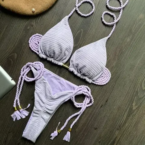 Women’s Braided Rope Bikini Set – Sexy Brazilian Swimsuit with Solid and Plant Print Options, Wire-Free Strap Design for Beach Style