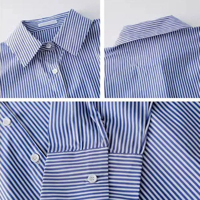 Classic Striped Lantern Sleeve Blouse – Stand Collar Loose Fit Shirt for Women