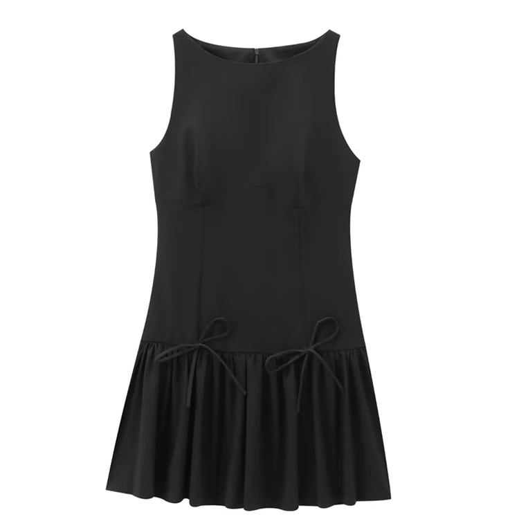 Chic Ruffled Mini Dress with Bows – Sleeveless O-Neck Casual A-Line Dress for Women