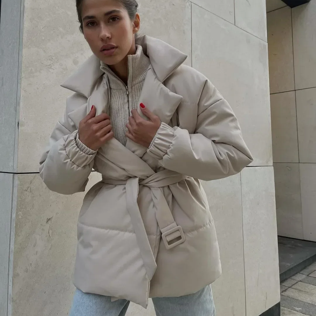 Women's Cotton Puffer Jacket – Belted Quilted Parka Coat for Winter, Warm Vintage-Inspired Outerwear