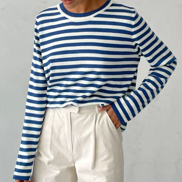 Women's Knitted Striped Sweater – Loose Fit Warm Thick Pullover with Long Sleeves for Autumn and Winter