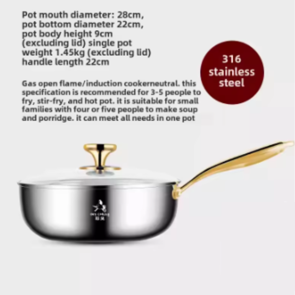 316 Stainless Steel Small Wok with Lid – Golden Handle Deepened Flat Bottom Soup Pot & Non-Stick Pan