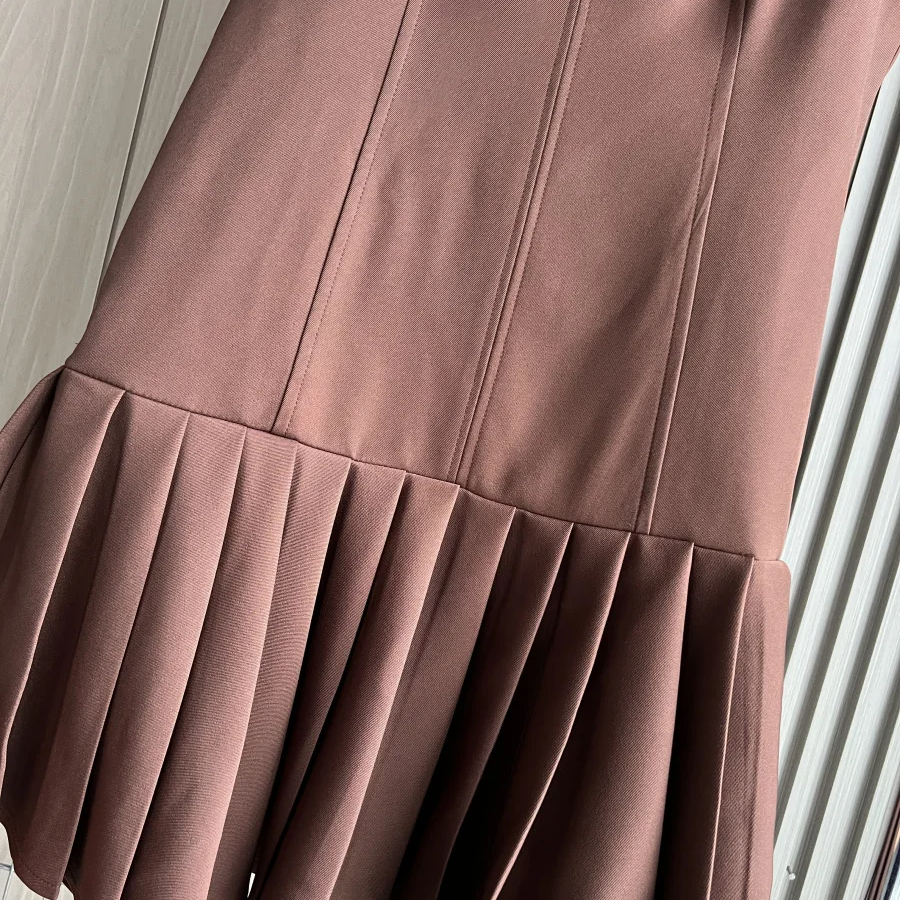 Brown Sleeveless 3D Cutout Mini Dress with Pleated Skirt and Round Neck