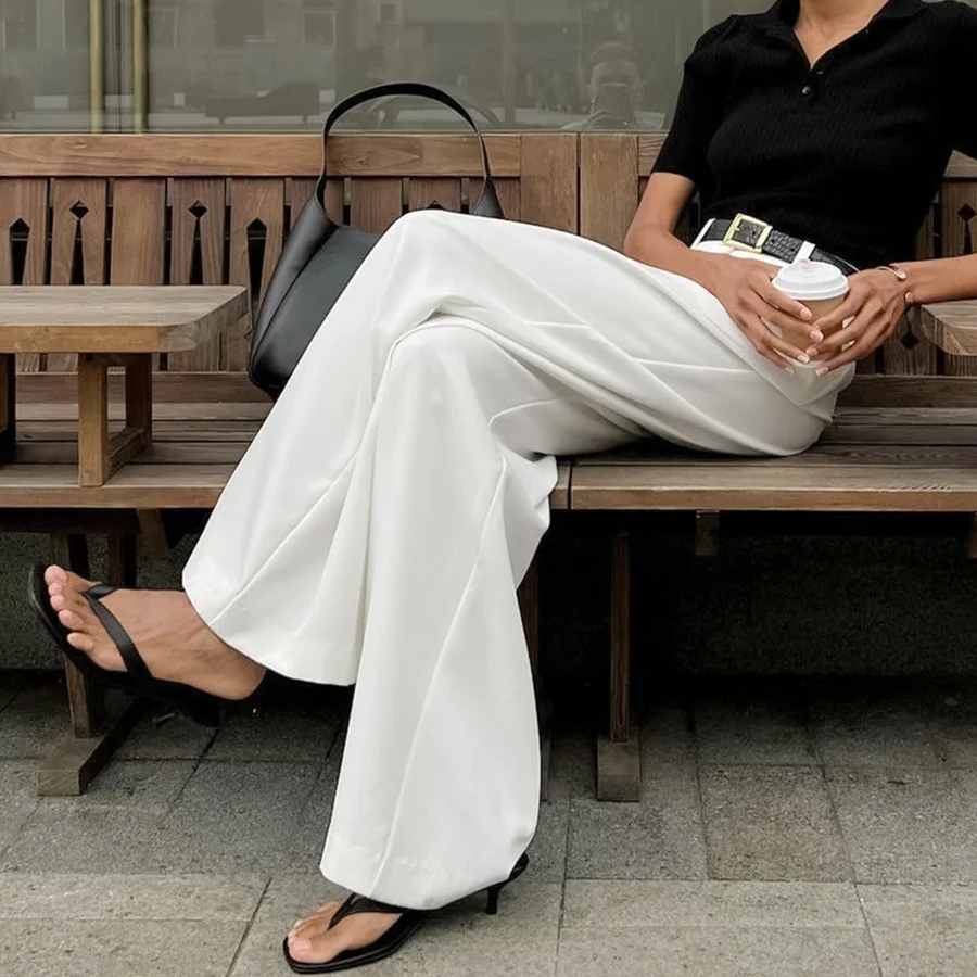 Women's White High-Waist Wide Leg Trousers – Casual Office Style Loose-Fit Pants